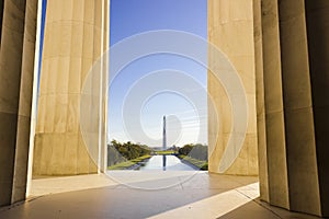 Grand view out onto the National Mall in Washington DC from the Lincoln Memorial