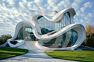 A grand, white building featuring a striking curved roof that adds an avant-garde touch to its architecture. The unique