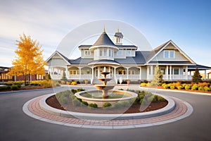 grand woodshingle house with circular driveway and fountain