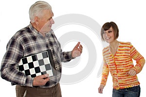 Grandad called granddaughter to play a chess