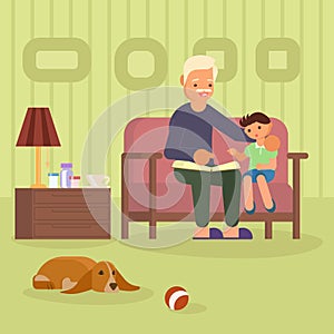 Granddad and grandson on sofa vector illustration
