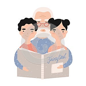 Granddad reading book with grandchildren. Grandfather telling fairytales to his grandson and granddaughter. Portrait of photo