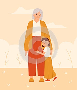 Granddaughter hugging her grandmother. Vector illustration with background