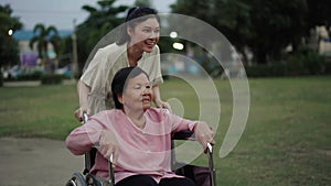 granddaughter pushing senior woman in wheelchair and looking view at park