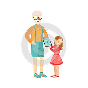 Granddaughter Showing Grandfather Tablet, Part Of Grandparent And Grandchild Passing Time Together Set Illustrations