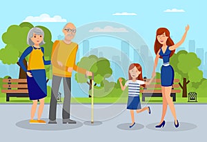 Granddaughters meet Grandparents Flat Illustration