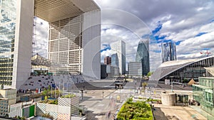 The Grande Arche and skyscrapers timelapse in the Defence business district of Paris, France.