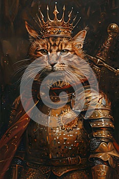 grandeur of a cat portrayed as a regal king, complete with a dignified crown and ornately detailed armor