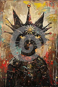 grandeur of a cat portrayed as a regal king, complete with a dignified crown and ornately detailed armor