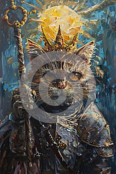 grandeur of a cat portrayed as a regal king, complete with a dignified crown and ornately detailed armor