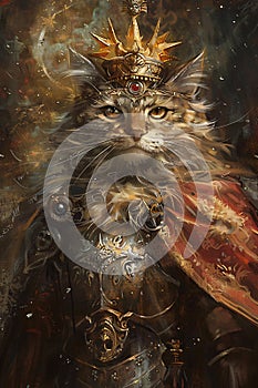 grandeur of a cat portrayed as a regal king, complete with a dignified crown and ornately detailed armor