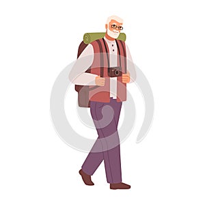 Grandfather with backpack hiking