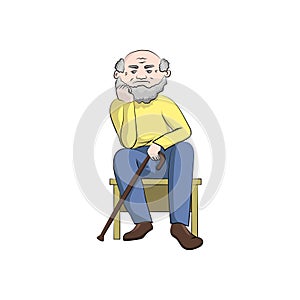 Grandfather with a cane sits and thinks. Vector color illustration