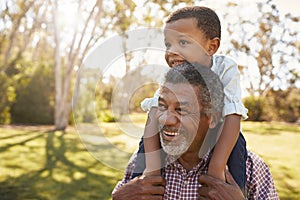 Grandfather Carries Grandson On Shoulders During Walk In Park