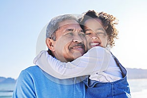 Grandfather, child and happy at the beach for vacation and travel together on outdoor holiday for happiness. Hug, smile