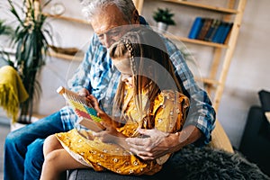 Grandfather and child playing together at home. Happiness, family, relathionship, learning concept.