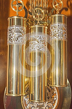 Grandfather clock brass weights pulleys illuminated