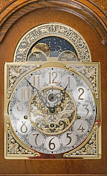 Grandfather antique clock face wooden case moving moon dial