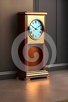 Grandfather clock in wooden case colored background.