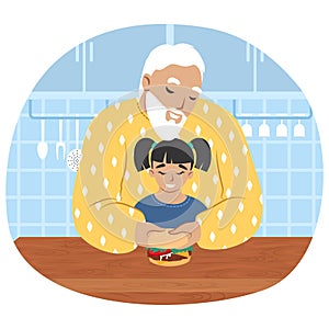 Grandfather cooking with granddaughter in kitchen, flat vector illustration. Grandparent grandchild relationships.