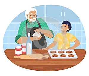 Grandfather cooking with grandson in kitchen, vector illustration. Grandparent grandchild relationships.