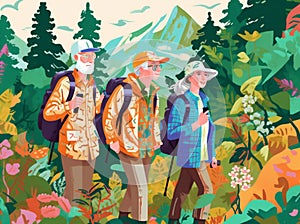 grandfather couple senior active elderly walking trekking happy old hiking. Generative AI.