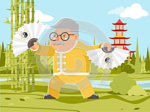 Grandfather fan chinese wushu kungfu taichi fitness china healthy activities adult old age man asian character cartoon photo