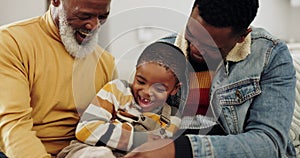 Grandfather, father and child on sofa playing for bonding, healthy relationship and relax in living room. Happy family