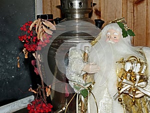 Grandfather Frost Santa Claus, St. Nicholas, Joulupukki with gifts on the background of Russian samovars. Symbol of New year