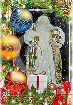 Grandfather Frost Santa Claus, St. Nicholas, Joulupukki with gifts on the background of the snowy night. Symbol of New year