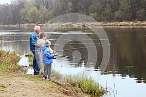 Grandfather and grandchildren are fishing.