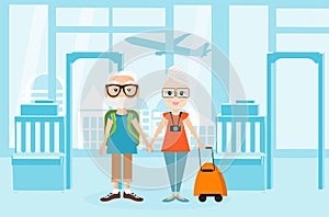 Grandfather and grandmother with a packsack travel. Travelling with the knapsack. Background of airport interiors