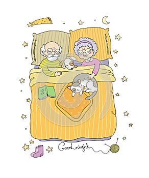 Grandfather and grandmother sleep in bed. Characters of the Old People.