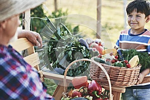 Grandfather and grandson with baskets full of seasonal vegetables