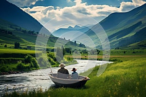 Grandfather and grandson bonding while fishing by a tranquil river on a sunny and peaceful day