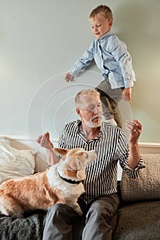 Grandfather and grandson with dog sitting at couch in room