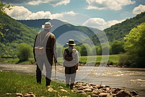 Grandfather and grandson enjoying a fishing trip together on a tranquil river on sunny day