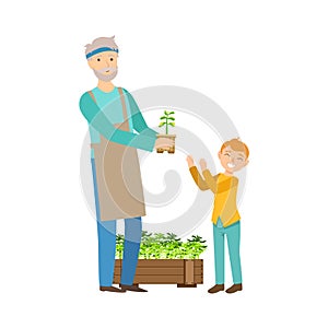 Grandfather And Grandson Gardening, Part Of Grandparent Grandchild Passing Time Together Set Illustrations