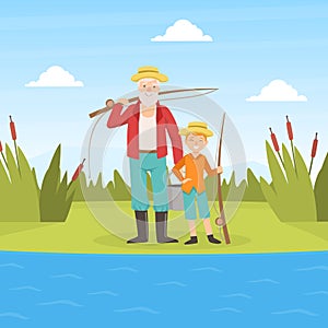 Grandfather and Grandson Going Fishing, Grandparent and Grandchild Having Good Time Together at Sunny Summer Day Cartoon