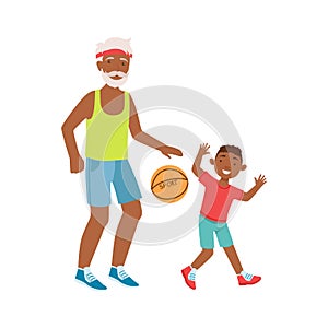 Grandfather And Grandson Playing Basketball, Part Of Grandparent Grandchild Passing Time Together Set Illustrations