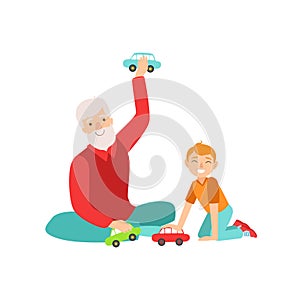 Grandfather And Grandson Playing Toy Cars, Part Of Grandparent Grandchild Passing Time Together Set Illustrations