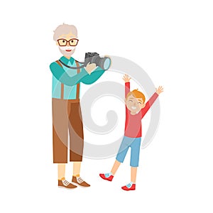 Grandfather And Grandson Taking Pictures,Part Of Grandparent Grandchild Passing Time Together Set Illustrations