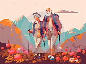 grandfather happy active hiking elderly couple trekking senior old walking. Generative AI.