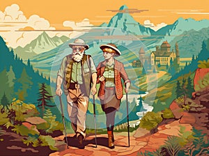 grandfather hiking elderly couple active trekking walking senior old happy. Generative AI.