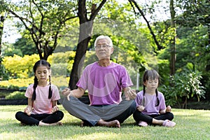 A grandfather and his two daughters sit on the grass in the sunshine doing yoga