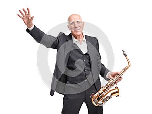 Grandfather holding a sax in his hand on a white isolated background