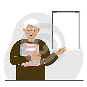 A grandfather holds a stack of books in one hand, a clipboard in the other, space for text. Knowledge, education