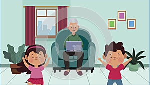 grandfather with kids in livingroom animation