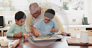 Grandfather, learning or children baking in kitchen as a happy family with siblings for cooking recipe. Cookies