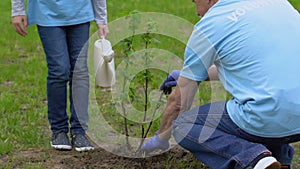 Grandfather and little female kid volunteers planting and watering tree sapling